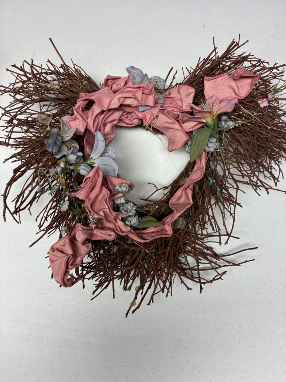 Heart-Shaped Twig Wreath Pink Ribbon Cottagecore Floral Decor